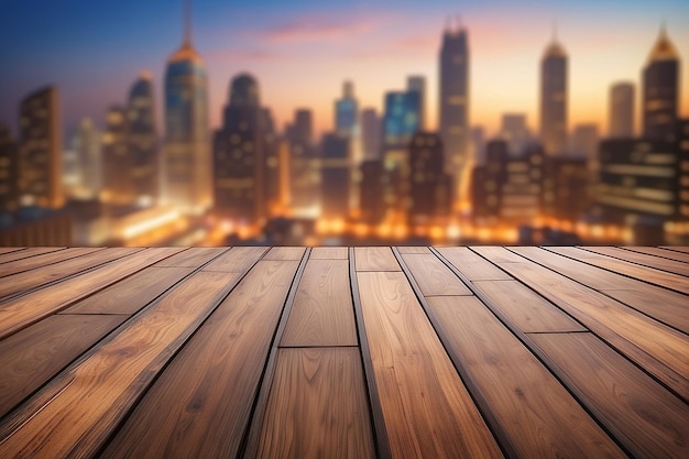 Brown wooden floor with blur building cityscape backgrounds for display products