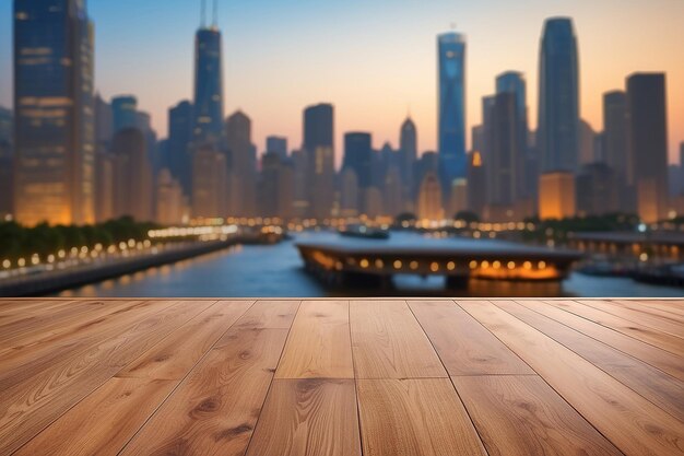 Brown wooden floor with blur building cityscape backgrounds for display products