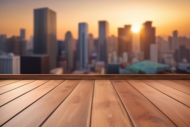 Brown wooden floor with blur building cityscape backgrounds for display products