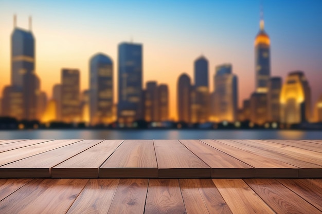 Brown wooden floor with blur building cityscape backgrounds for display products