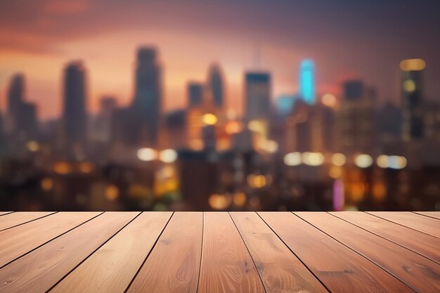 Brown wooden floor with blur building cityscape backgrounds for display products