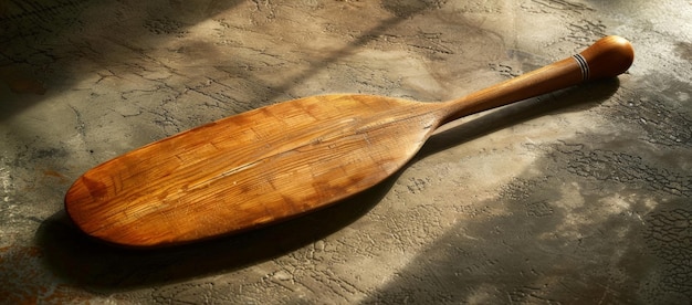 A brown wooden paddle resting on a gray surface