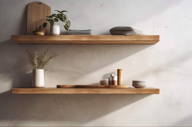 Brown wooden shelf for interior use and product display on white concrete wall studio space