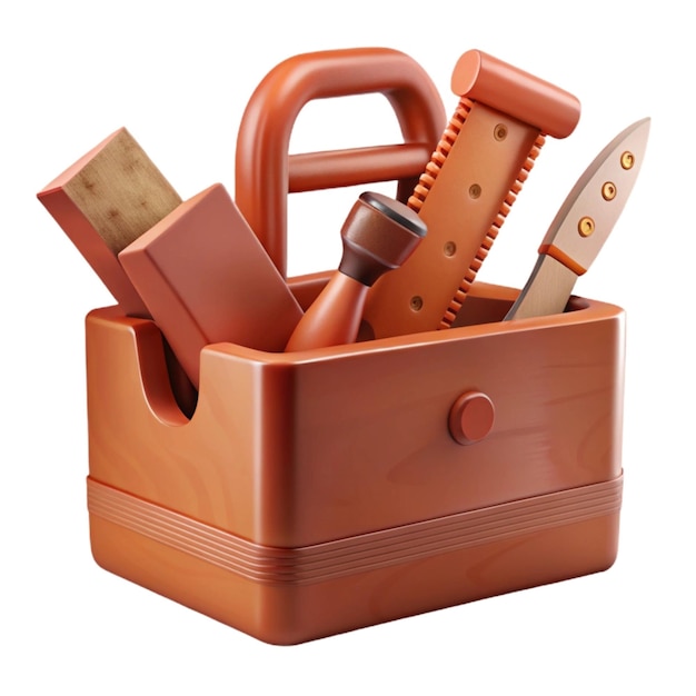 a brown wooden tool box with a pair of scissors in it