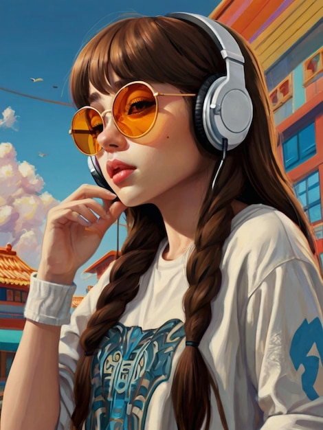 A brownhaired girl wearing headphones and glasses 3d rendering conceptual art