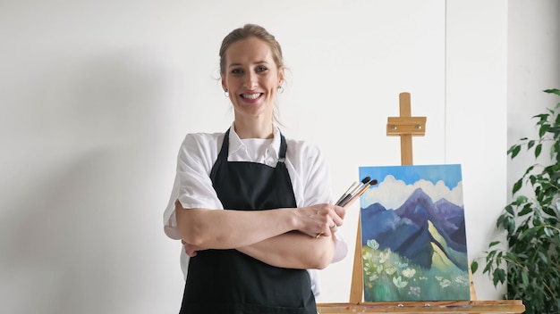 Brownhaired woman smiles showing enjoyment of hobby closeup