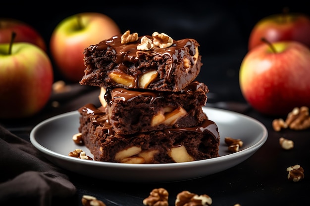 Brownie cake and sliced apples on plate on marble table