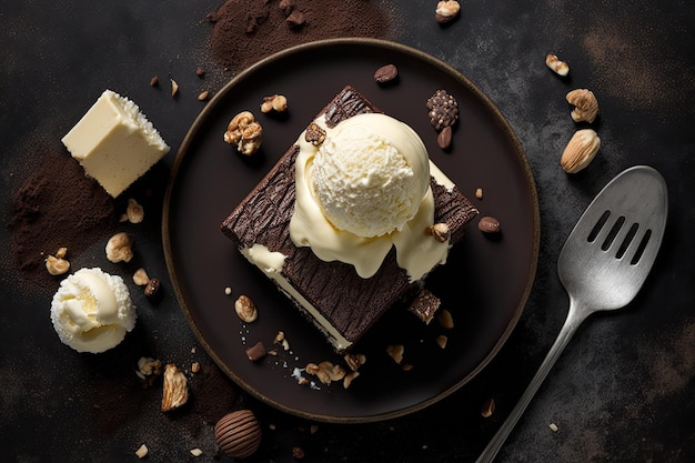 Brownie with chocolate and walnuts with vanilla ice cream selective attention flat lay picture