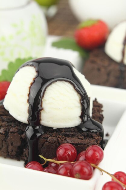 Brownie with ice cream on the dish