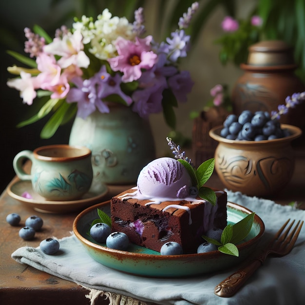 a brownie with lavender ice cream and sauce in rustic plate with blueberry