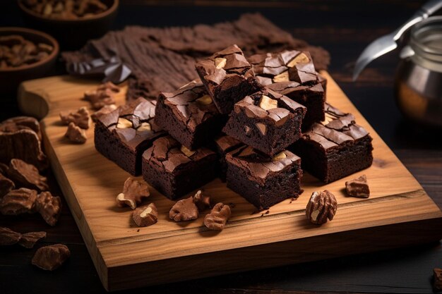 Brownies arranged on a picnic blanket with a book and a cup of tea