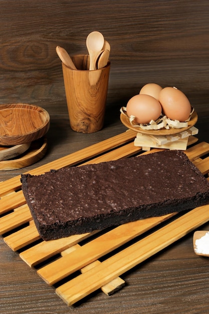 Brownies chocolate cake on wooden table Close up