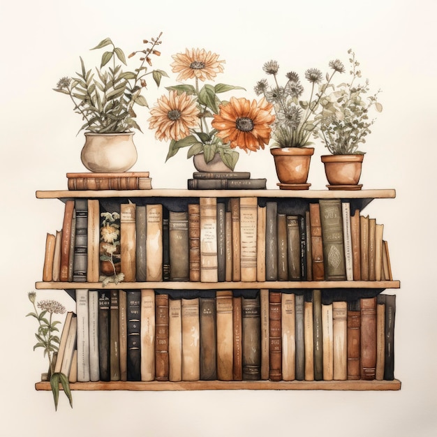 BrownToned Books and Flowers in a Bookshelf Vintage M