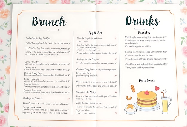 Brunch Menu With Soft Pastel Colors and Whimsical Patterns Sections Include Egg Dishes Pancakes