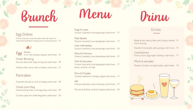 Brunch Menu With Soft Pastel Colors and Whimsical Patterns Sections Include Egg Dishes Pancakes