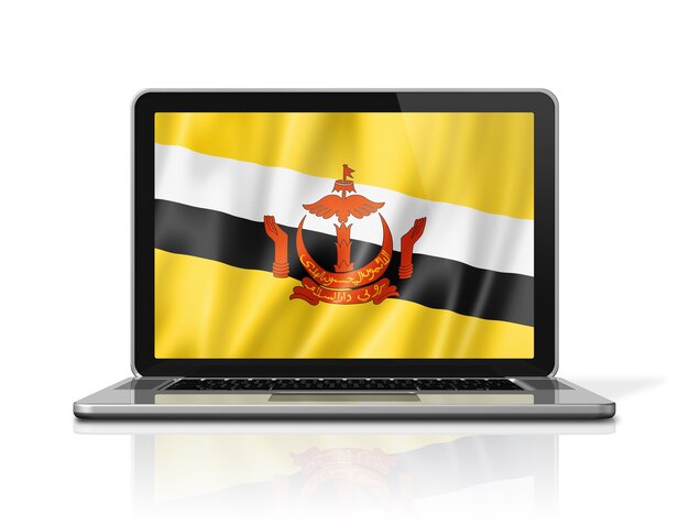 Brunei flag on laptop screen isolated on white. 3D illustration render.