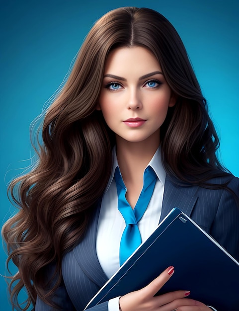 A brunet business woman with wavy long hair and blue eyes stands holding a notebook in hands ai gene