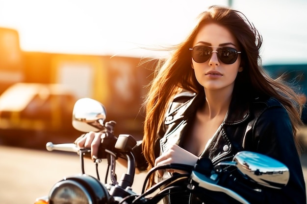 Brunette biker girl at sunset generated by AI