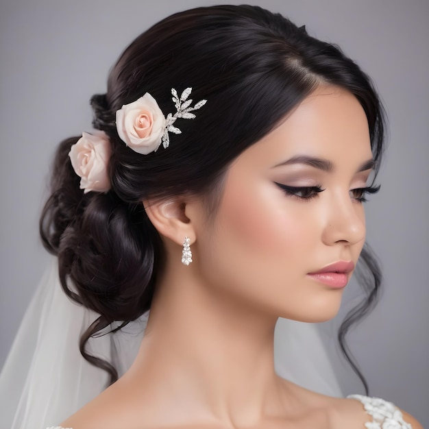 Brunette bride wearing soft makeup and roses in her hair