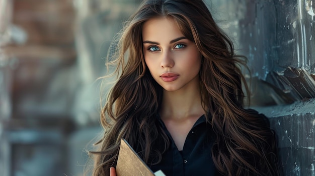 Brunette business woman with wavy long hair and blue eyes stands holding a notebook in hands