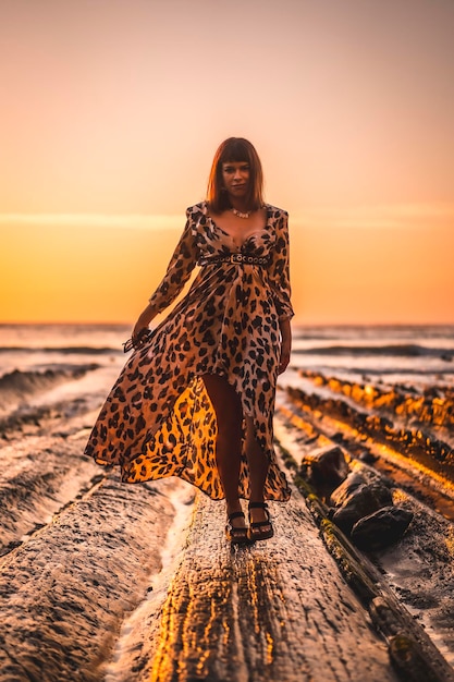 Photo brunette caucasian woman in a leopard dress by the sea and rocks