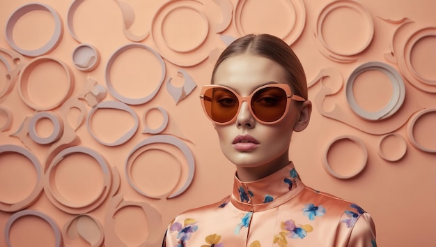 Photo a brunette caucasian woman wearing a pink suit and sunglasses with orange lenses