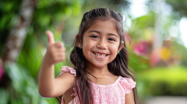 A Brunette Hispanic Girl In A Pink Dress Smiles Brightly Pointing With Joy