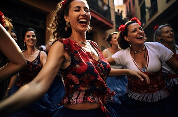 Brunette Hispanic woman with long hair dancing sevillanas with the typical costume AI generative