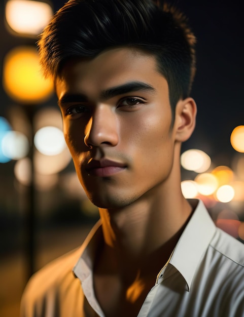 brunette man with short hair and white outfit with live city lights