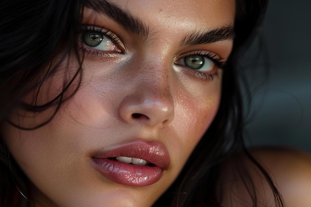 Brunette model with freckles poses for a beauty portrait with glossy lips and wet look makeup