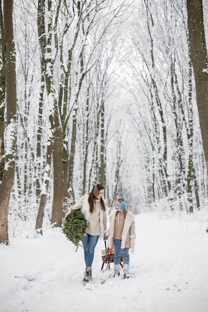 Brunette mother and and her daughter standing near a sled in winter forest