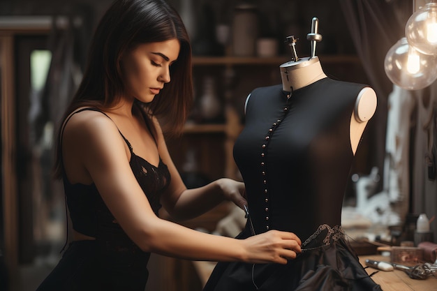 Brunette seamstress in apron measuring beautiful fabric