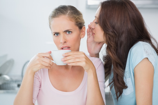 Brunette telling secret to her friend while drinking coffee