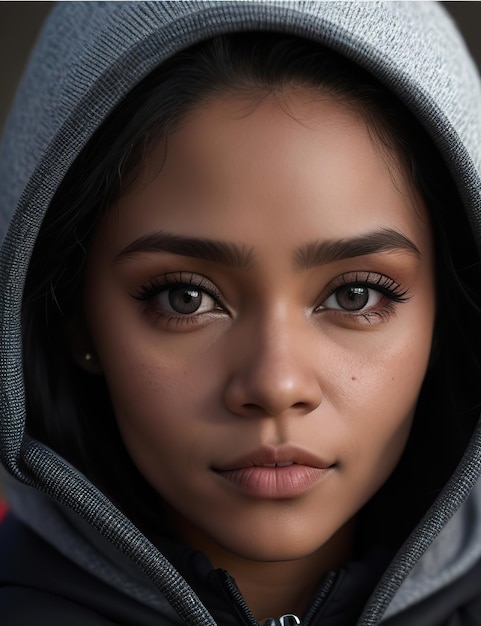 brunette with brown eyes and full mouth wearing gray hoodie