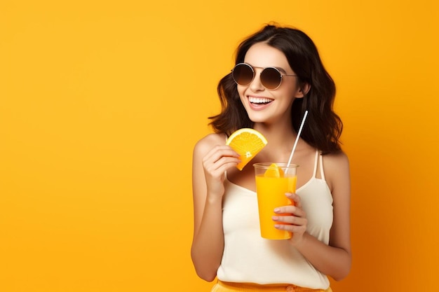 Brunette woman drinking orange juice