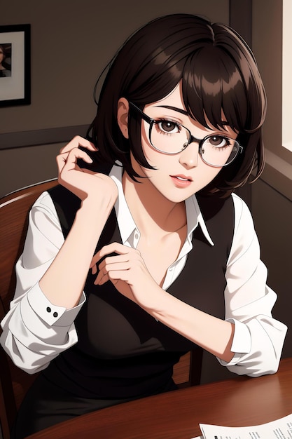 brunette woman with black eyes short hair and glasses