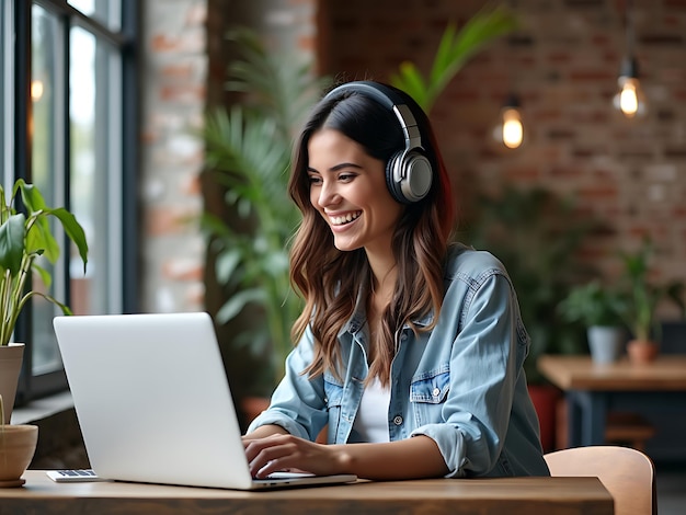 Brunette Woman Working on Laptop in Creative Loft Office