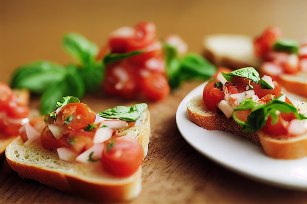 Bruschetta antipasti with tomatoes cheese and basil on wooden table