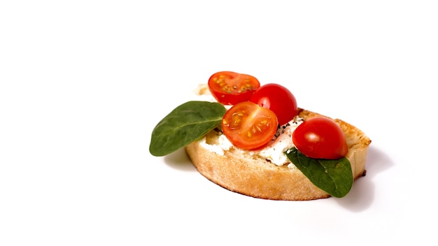 Bruschetta on ciabatta on a white background. Italian appetizer on isolated background