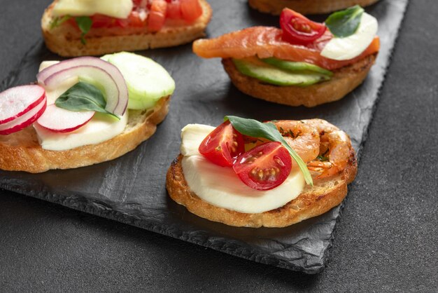 Bruschetta italian appetizer italian appetizer on a dark background sandwich set