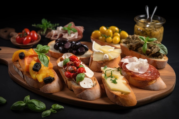 Bruschetta platter with different toppings and cheeses