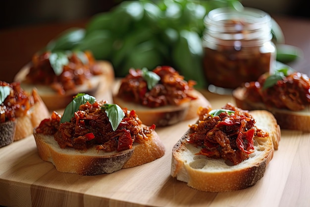 Bruschetta spread with roasted red peppers sundried tomatoes and fresh basil