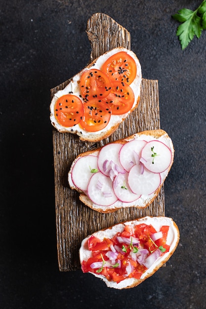 Bruschetta vegetable tomato, radish cream cheese portion cooking meal snack