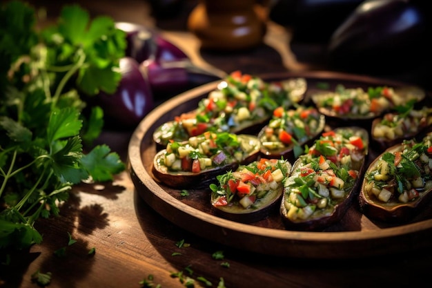 Photo bruschetta with roasted eggplant garlic and parsle bruschetta food photos840jpg