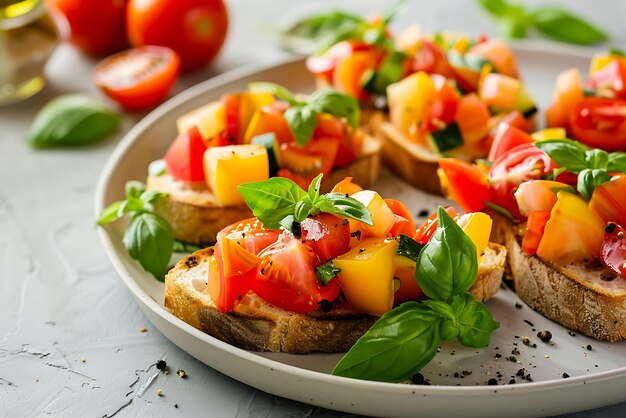 Photo bruschetta with tomatoes basil and olive oil on wooden background