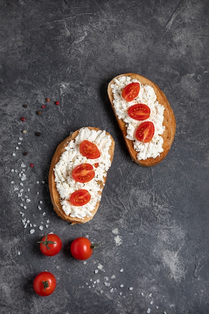 Bruschetta with tomatoes and cheese on a dark background