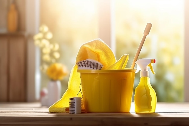 Brush bottle with cleaning solution sponge rag and yellow rubber gloves on white background