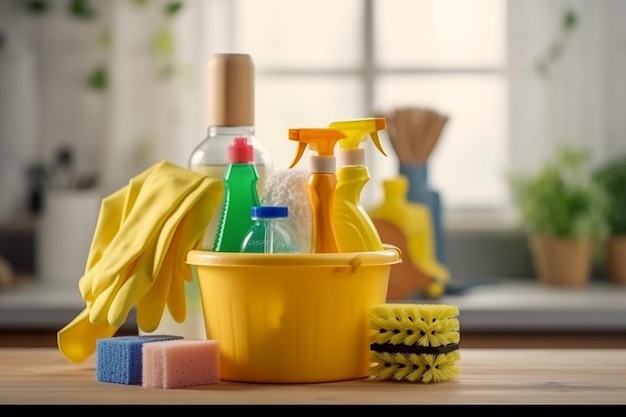 Brush bottle with cleaning solution sponge rag and yellow rubber gloves