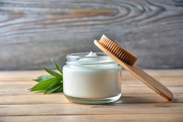 a brush and a jar of white cream on a wooden table