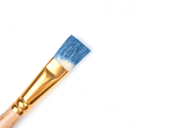 Brush with natural bristles in blue paint on a white isolated background.